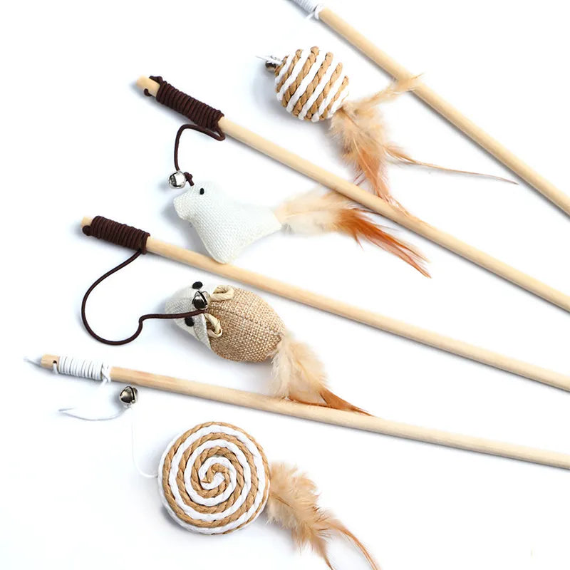 1pc Teaser Plume Jouets Chaton Drôle Coloré Tige Chat Baguette Jouets Bois Pet Chat Jouets Interactif Bâton Pet Chat Fournitures