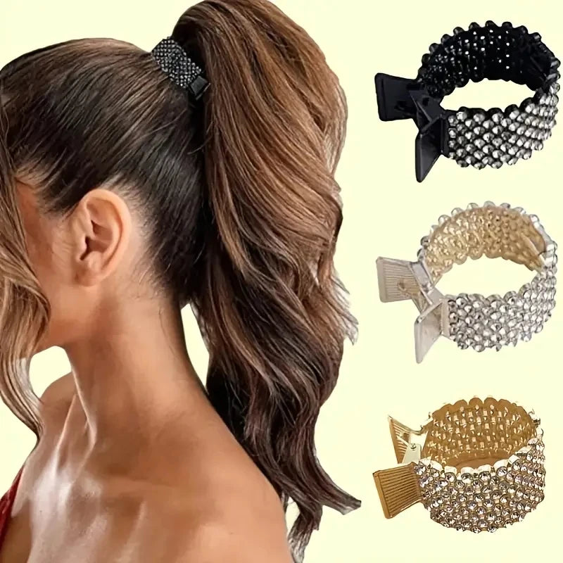 Fashion Pearl Rhinestone Metal Hair Clip Women Girls Mini High Ponytail Holder Crystal Hair Claws Elegant Party Headdress
