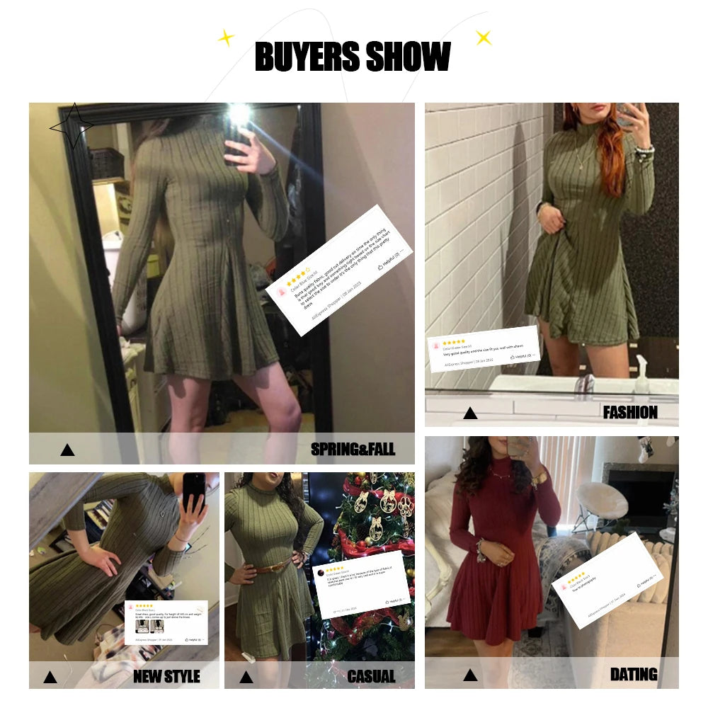 Mia Muse Women's Dresses Fall Winter Simple Solid Color Long Sleeve Mock Neck A Line High Waisted Flare Hem Casual Short Dresses