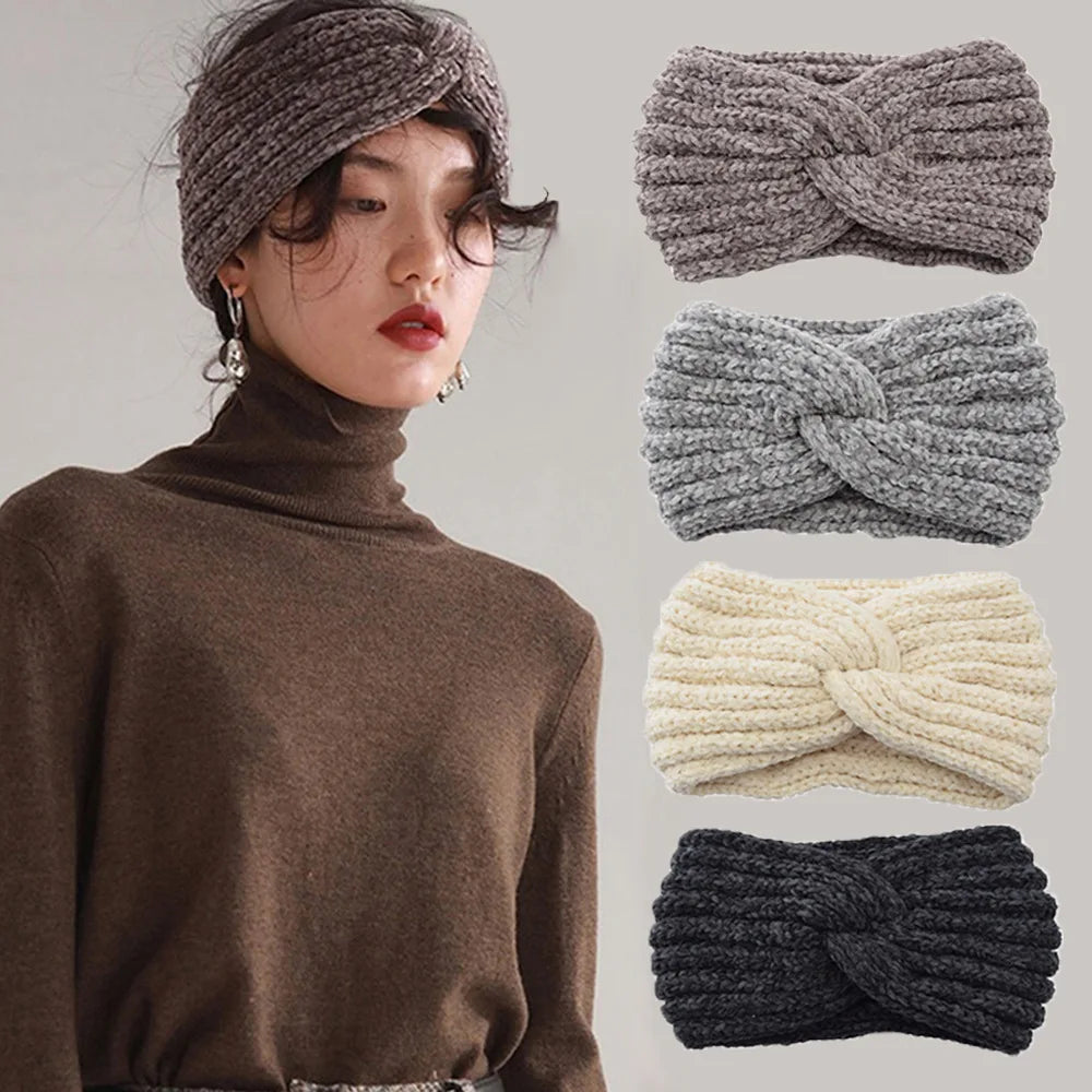 2024 Fashion Bohemia Winter Warm Knitted Headband Hair Accessories Women's CC Wool Wide Hairband Stretch Solid Hairband Headwear