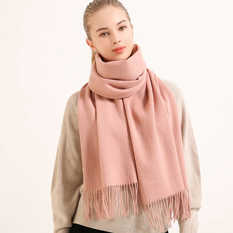 Winter 100% Pure Wool Scarf Women Solid Red Echarpe Wraps for Ladies Foulard Femme with Tassel Warm Merino Wool Scarves Cashmere