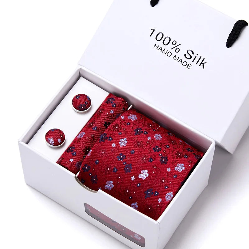 Brand 100% Silk Ties Gift box Office Men Classic Party Wedding striped 7.5cm Silk Wedding Floral Tie Necktie Handkerchief Set