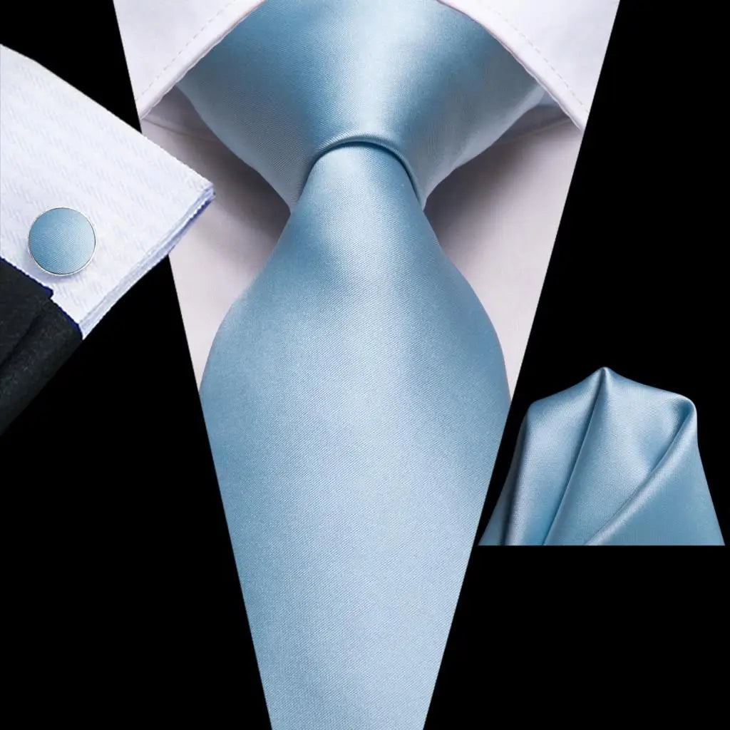 Cravate de mariage en soie unie bleu clair Hi-Tie pour homme, design tendance, boutons de manchette élégants, pour affaires, fête, livraison directe