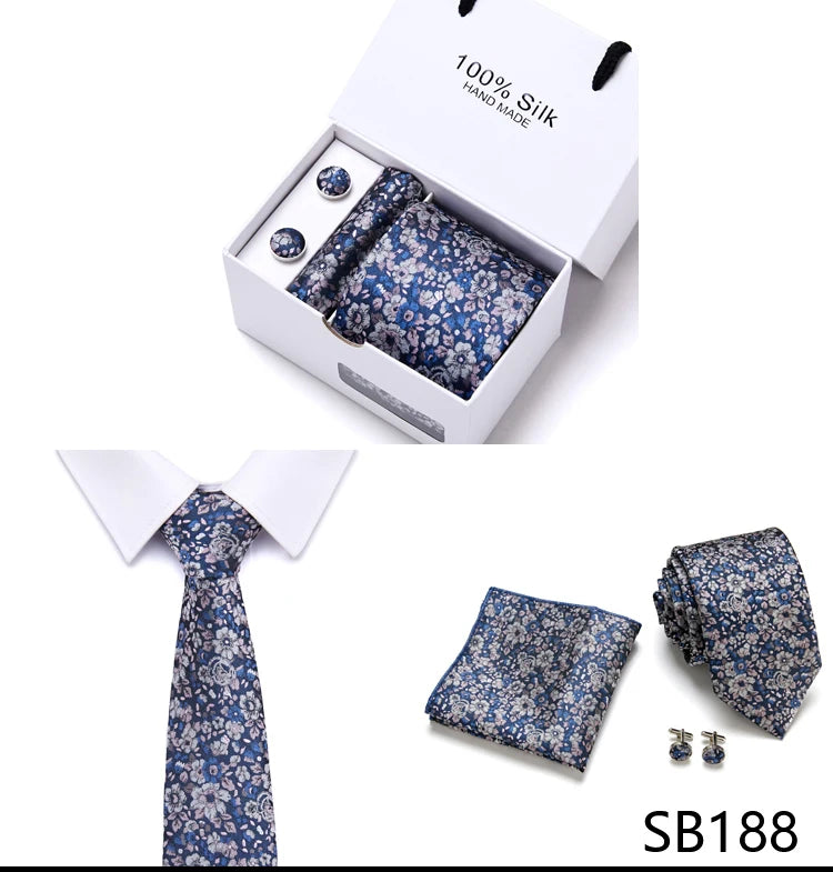 Brand 100% Silk Ties Gift box Office Men Classic Party Wedding striped 7.5cm Silk Wedding Floral Tie Necktie Handkerchief Set