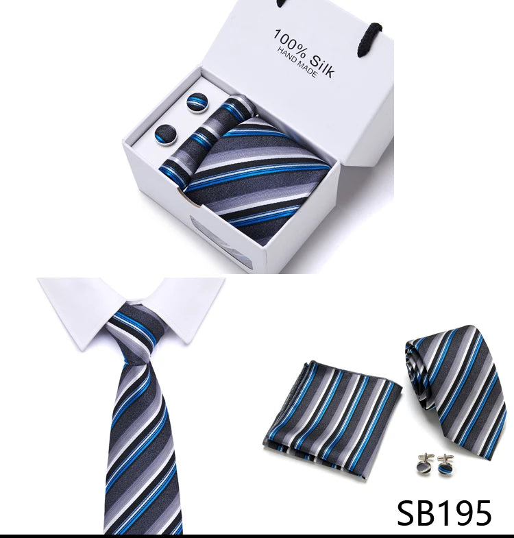 Brand 100% Silk Ties Gift box Office Men Classic Party Wedding striped 7.5cm Silk Wedding Floral Tie Necktie Handkerchief Set