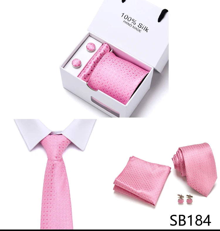 Brand 100% Silk Ties Gift box Office Men Classic Party Wedding striped 7.5cm Silk Wedding Floral Tie Necktie Handkerchief Set