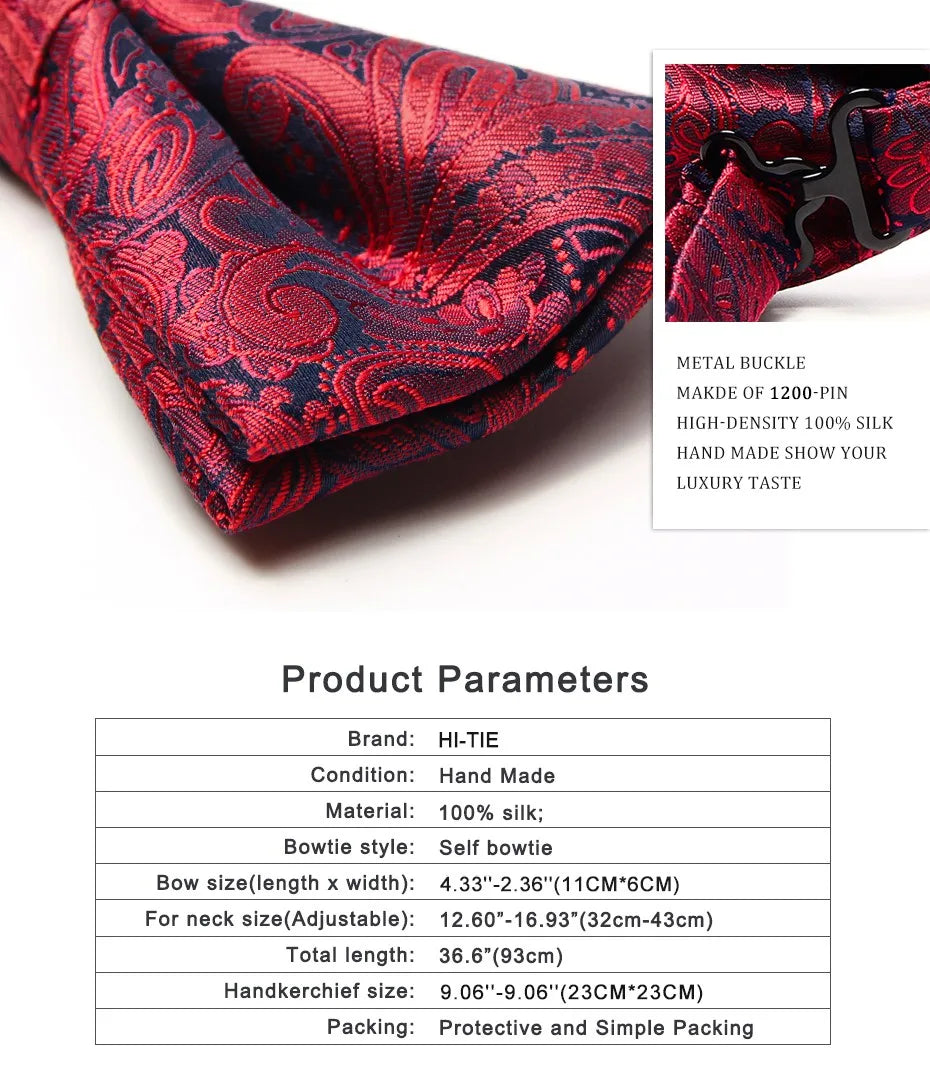 Hi-Tie Nœuds papillon verts de Noël pour hommes Cravate papillon en soie Ensemble de boutons de manchette et mouchoirs pour fête de mariage Nœud papillon uni à carreaux cachemire