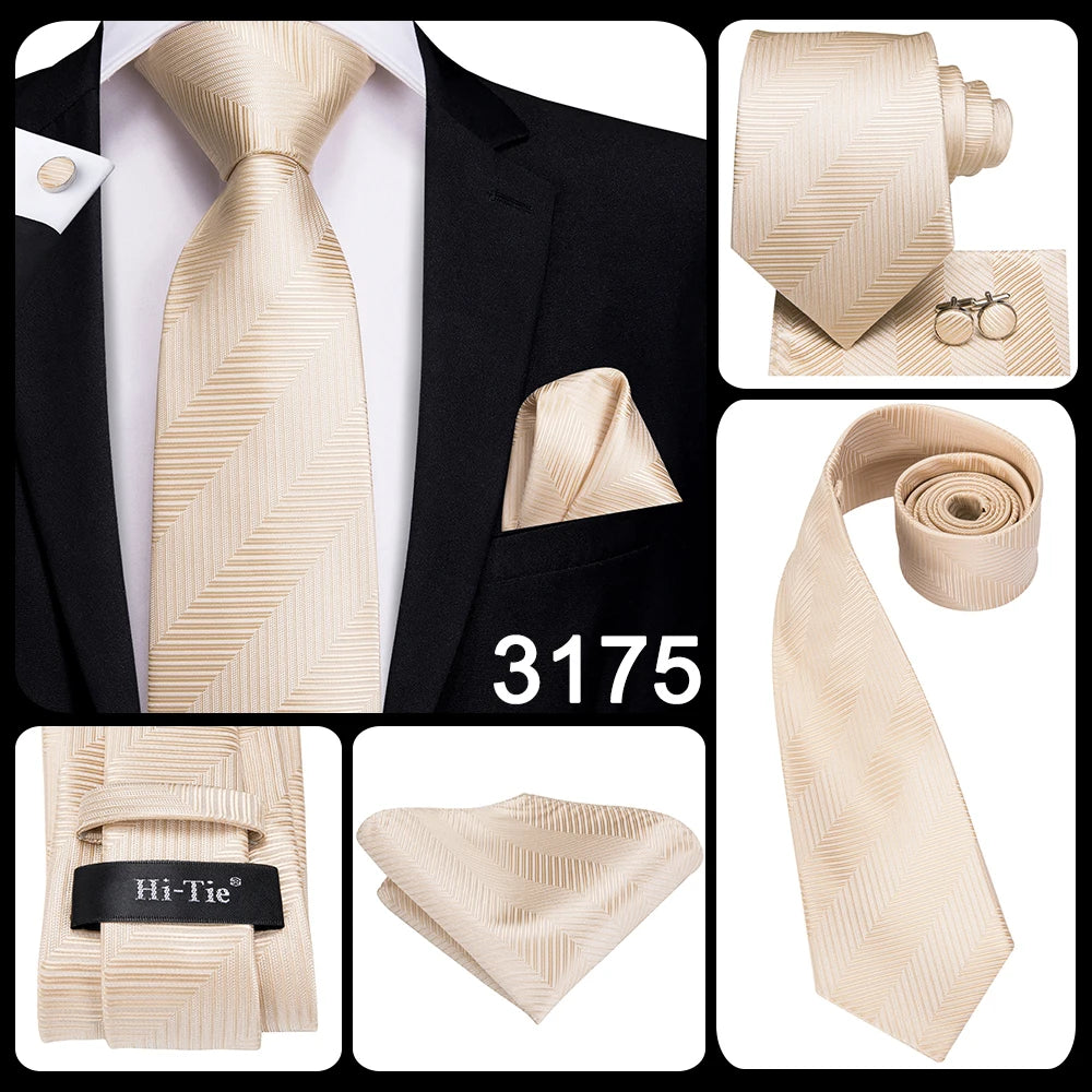 Hi-Tie Cravate de mariage en soie à motif floral, couleur champagne ivoire massif, pour homme, de qualité, avec boutons de manchette, tendance, pour entreprise, livraison directe