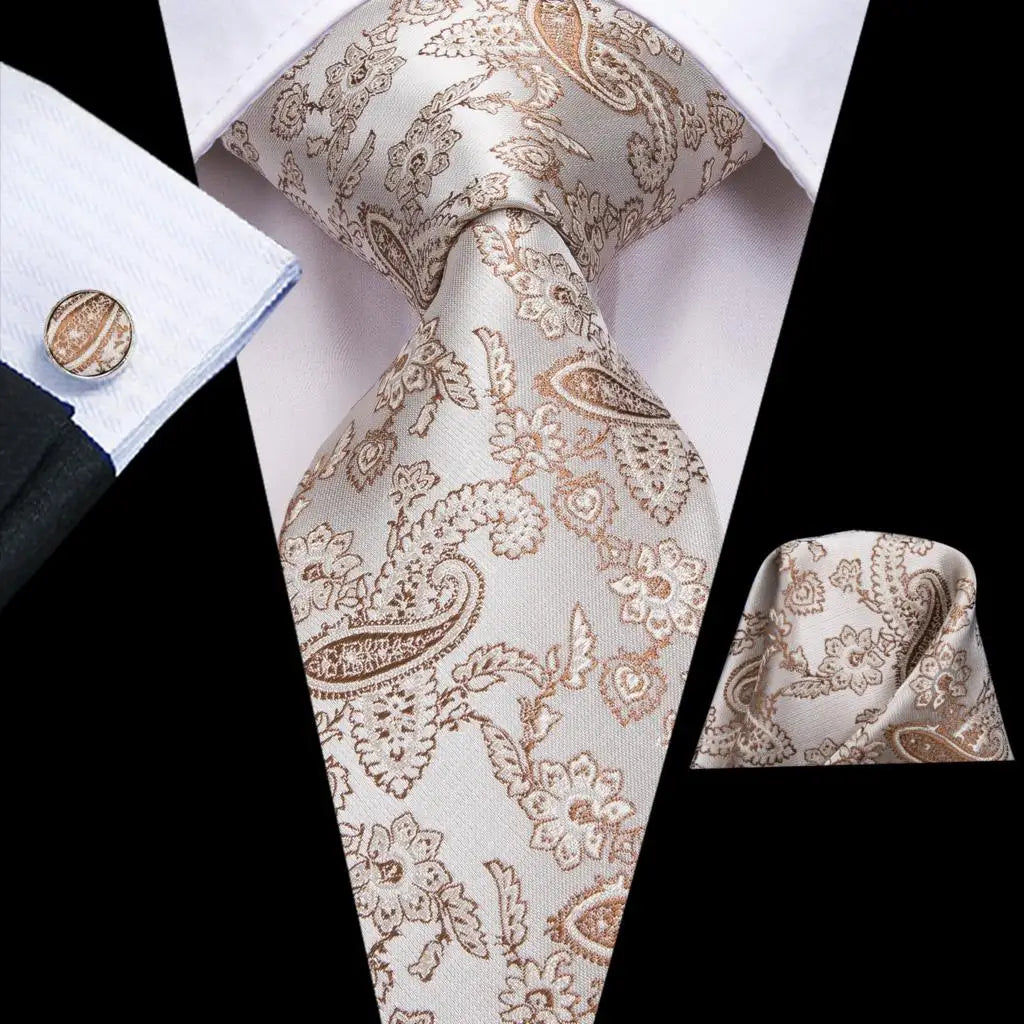 Hi-Tie Cravate de mariage en soie à motif floral, couleur champagne ivoire massif, pour homme, de qualité, avec boutons de manchette, tendance, pour entreprise, livraison directe
