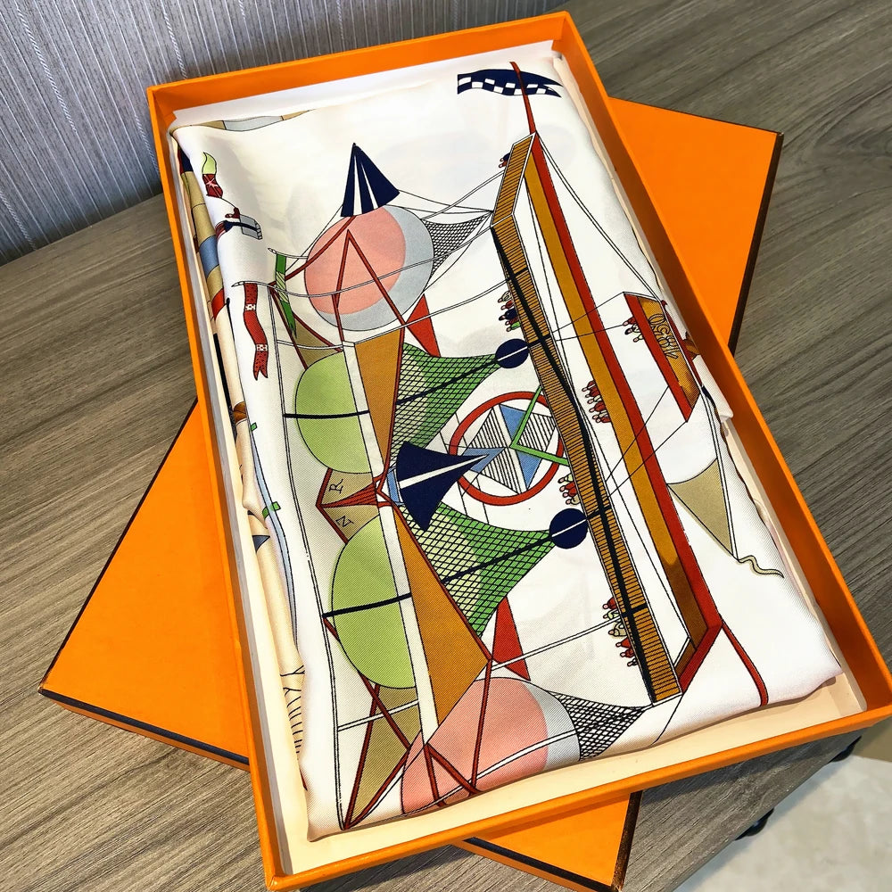 Foulard en soie sergé à motif ballon de dessin animé, fait à la main, bouclé, marque de luxe, carré, hijab, bandana pour femme, foulard de tête, châle