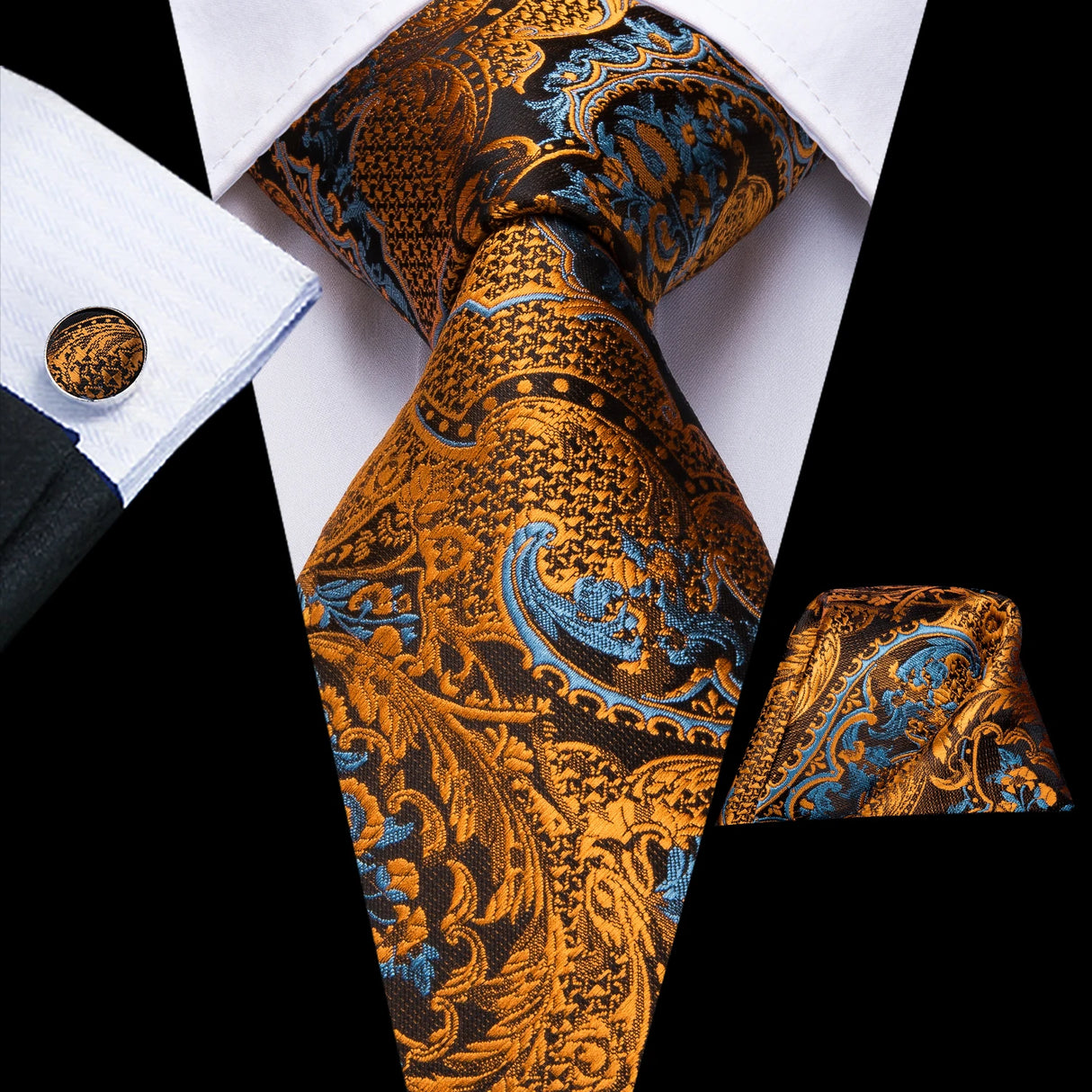 Cravate élégante pour homme, motif cachemire, rayures noires et dorées, en soie, pour mariage, mouchoir, boutons de manchette, pour entreprise, fête, livraison directe