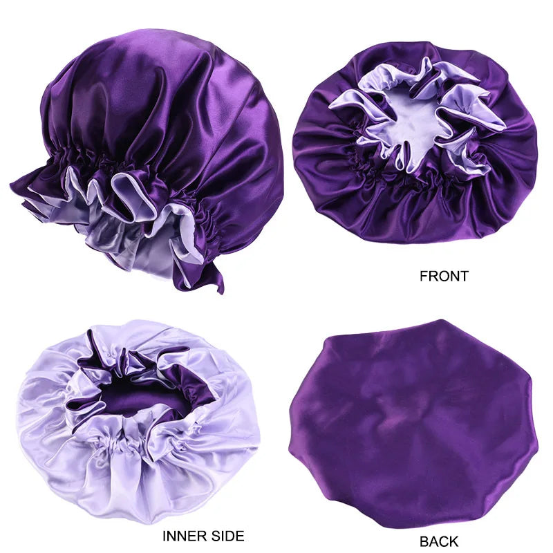 Bonnet de nuit en satin double couleur, bonnet de nuit en dentelle extra large, bonnet rond pour soins capillaires, bonnets de douche