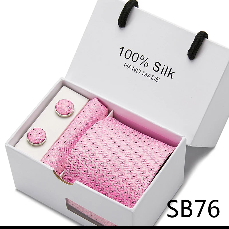 Brand 100% Silk Ties Gift box Office Men Classic Party Wedding striped 7.5cm Silk Wedding Floral Tie Necktie Handkerchief Set