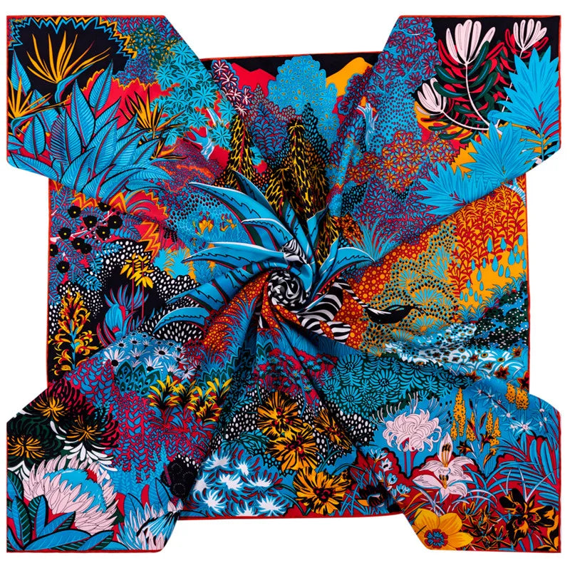 POBING Handgerollter Seidenschal aus Twill mit Waldzebra-Motiv für Damen, quadratisch, Echarpes, Foulard Femme, Wickeltuch, Bandana, Hijab, 90 cm