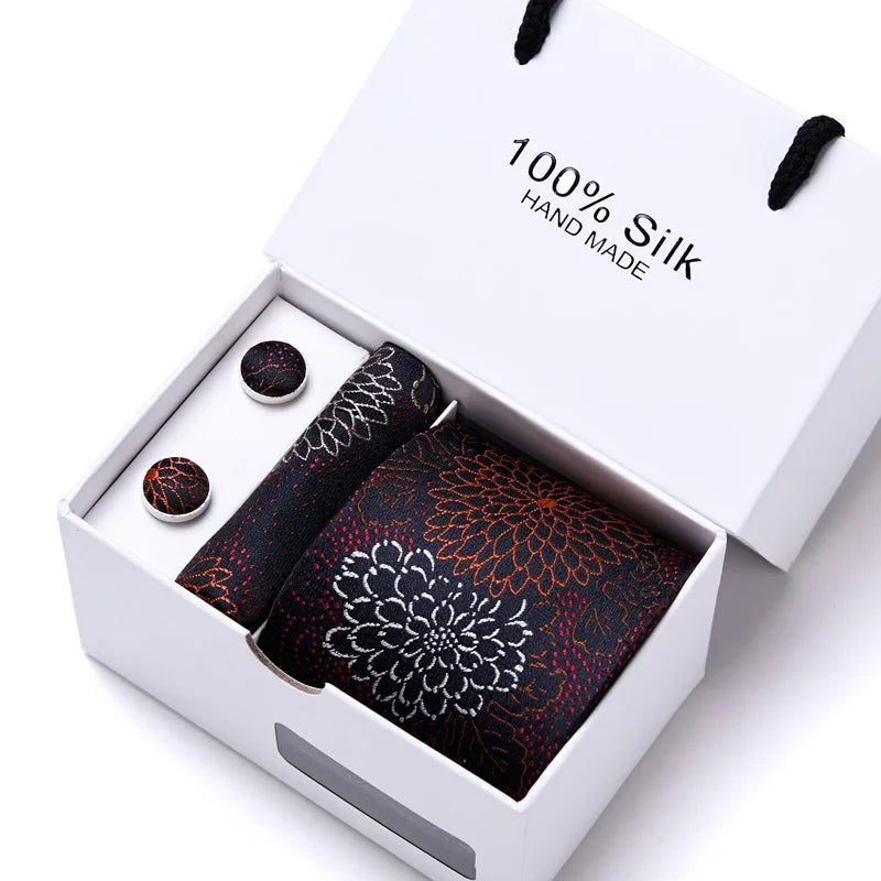 Brand 100% Silk Ties Gift box Office Men Classic Party Wedding striped 7.5cm Silk Wedding Floral Tie Necktie Handkerchief Set