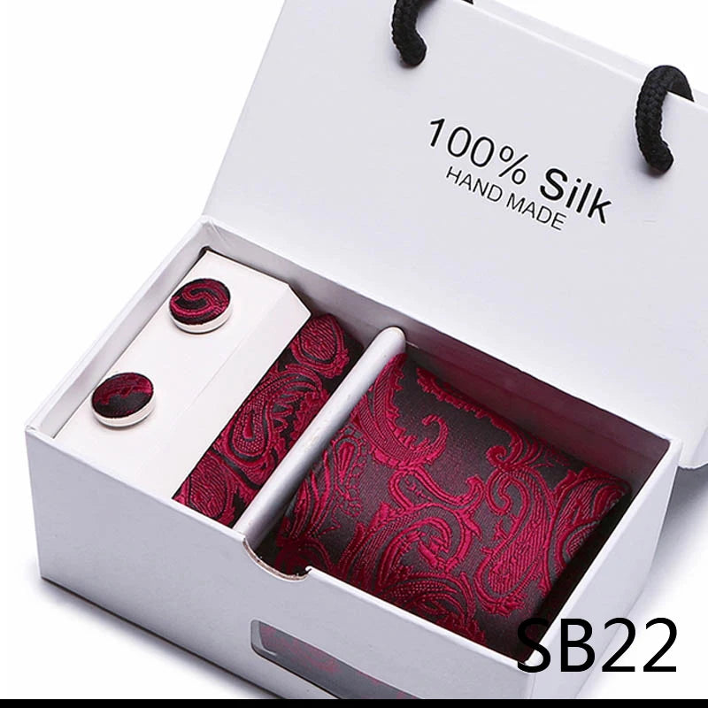 Brand 100% Silk Ties Gift box Office Men Classic Party Wedding striped 7.5cm Silk Wedding Floral Tie Necktie Handkerchief Set