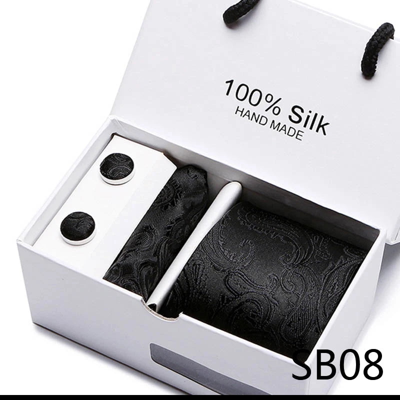 Brand 100% Silk Ties Gift box Office Men Classic Party Wedding striped 7.5cm Silk Wedding Floral Tie Necktie Handkerchief Set