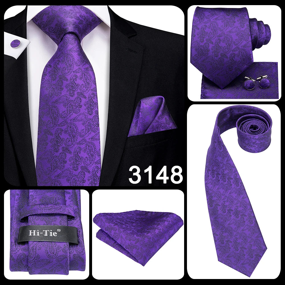 Hi-Tie – Cravate de mariage en soie violette unie à motif cachemire pour homme, ensemble de qualité avec boutons de manchette et mouchoir, cadeau tendance, livraison directe