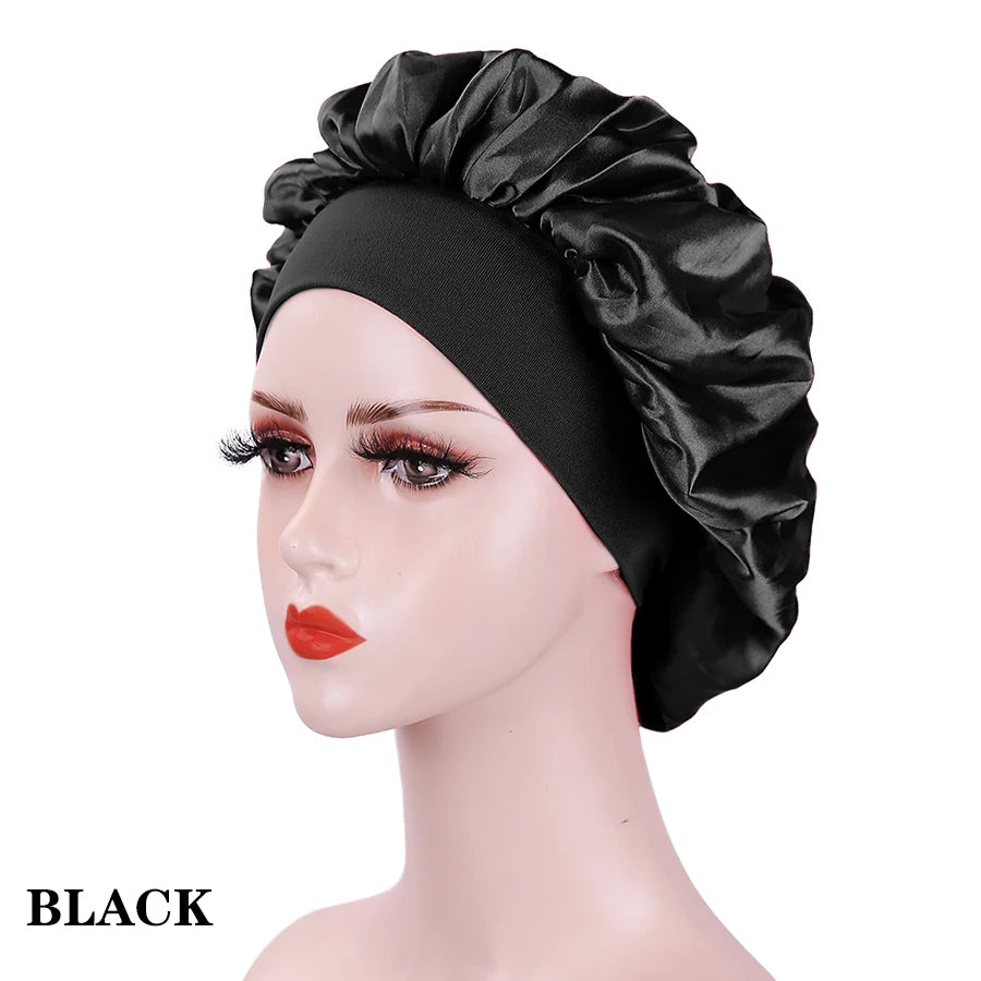 Bonnet de nuit en soie pour femme, noir, rose, violet, avec boucles naturelles bouclées, élastique large et souple, réglable