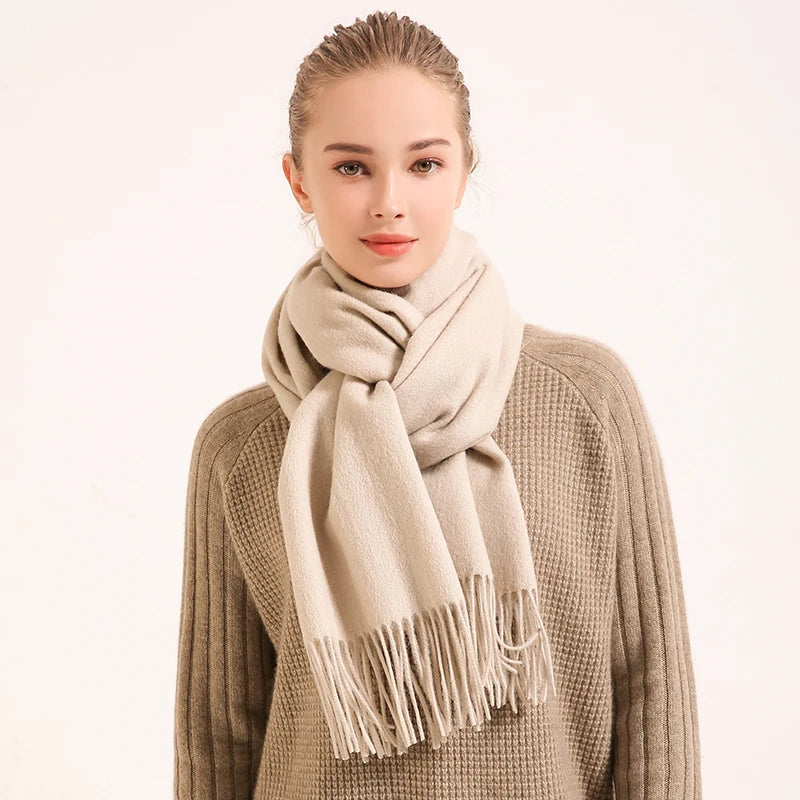 Winter 100% Pure Wool Scarf Women Solid Red Echarpe Wraps for Ladies Foulard Femme with Tassel Warm Merino Wool Scarves Cashmere