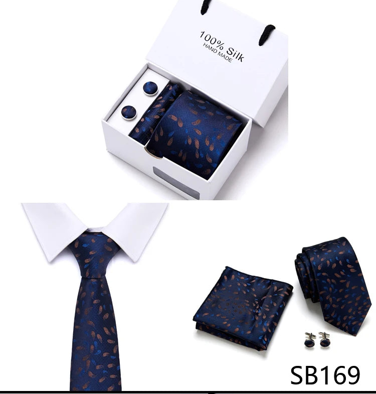 Brand 100% Silk Ties Gift box Office Men Classic Party Wedding striped 7.5cm Silk Wedding Floral Tie Necktie Handkerchief Set