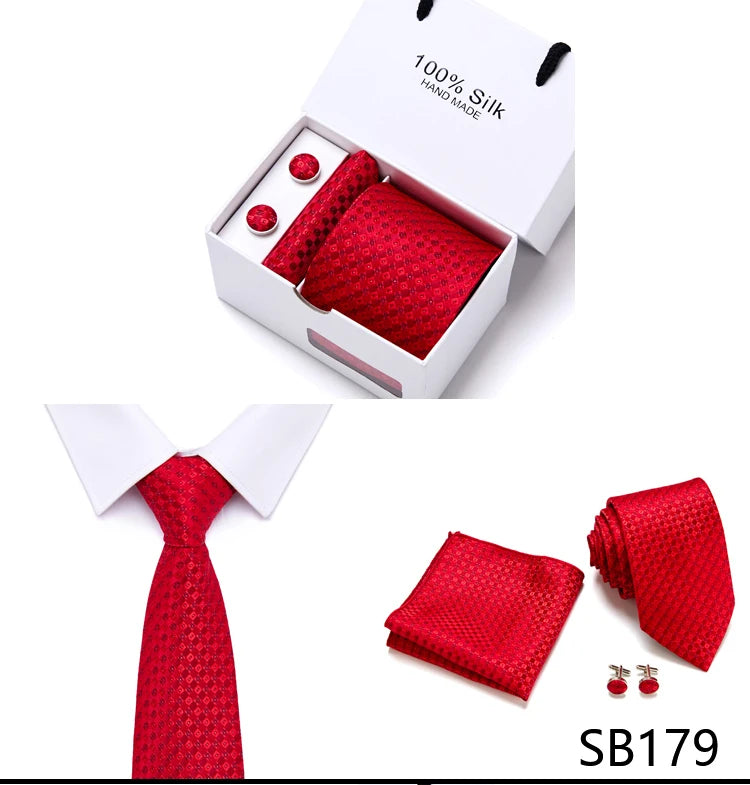 Brand 100% Silk Ties Gift box Office Men Classic Party Wedding striped 7.5cm Silk Wedding Floral Tie Necktie Handkerchief Set