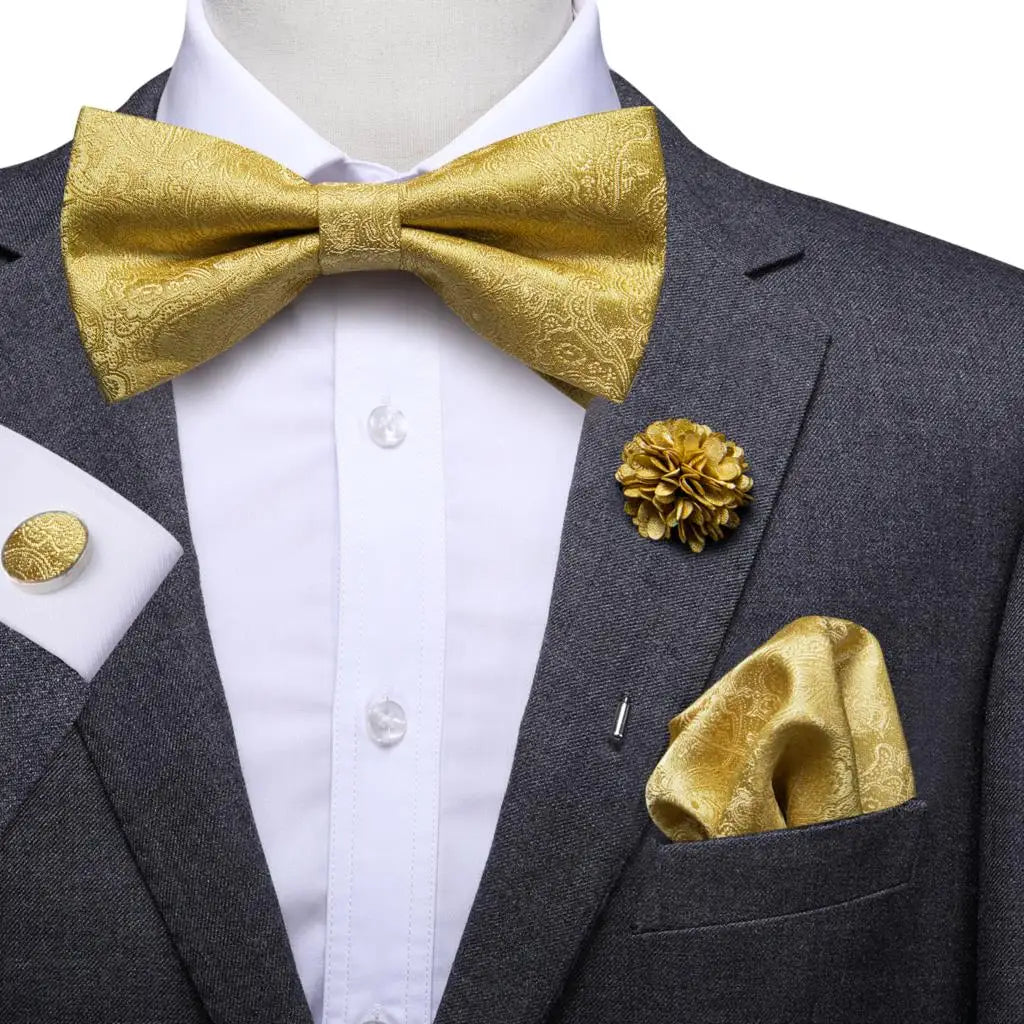 Hi-Tie Luxury Gold Silk Bow Ties for Men Fashion Men's Yellow Bowtie Handkerchief Cufflinks Brooch Set butterfly Wedding Set