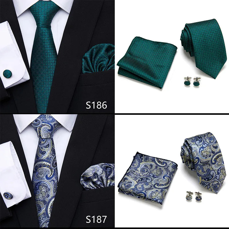 Newest style Green Tie For Men Holiday Present Tie Pocket Squares Set Necktie Striped Wedding Accessories Man