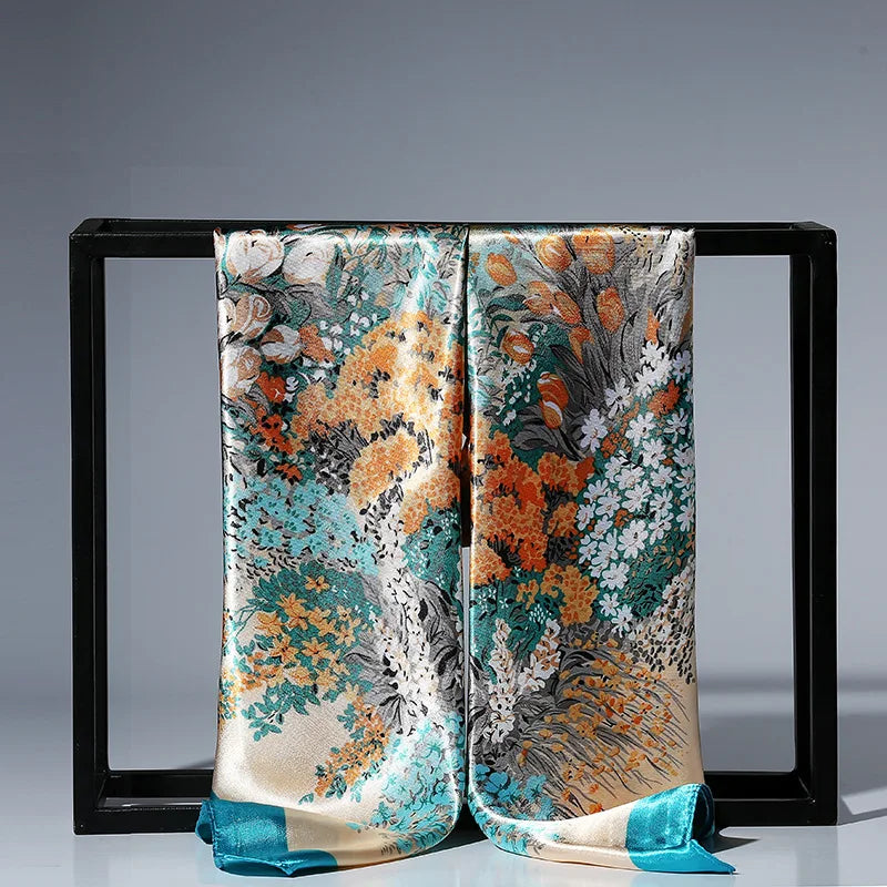 Foulard en satin de soie tendance pour femme, 90 cm, imprimé floral, hijab, châle carré
