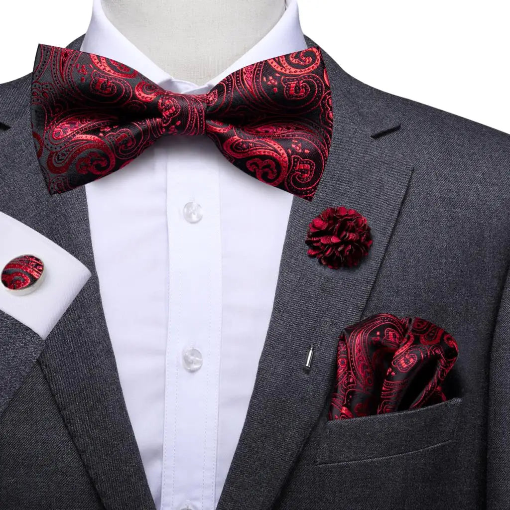 Hi-Tie Luxury Gold Silk Bow Ties for Men Fashion Men's Yellow Bowtie Handkerchief Cufflinks Brooch Set butterfly Wedding Set