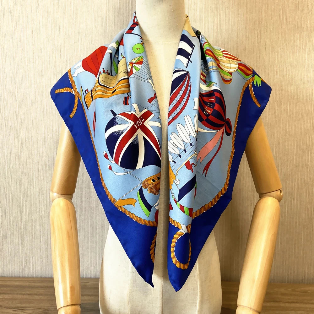 Foulard en soie sergé à motif ballon de dessin animé, fait à la main, bouclé, marque de luxe, carré, hijab, bandana pour femme, foulard de tête, châle