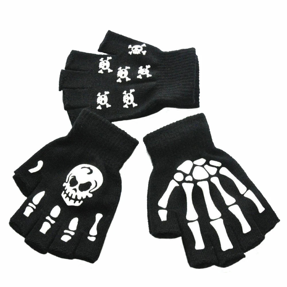 Gants unisexes demi-doigts motif tête de mort pour Halloween, pour l'hiver, mitaines lumineuses, tricotées, pour le cyclisme et le patinage à pied
