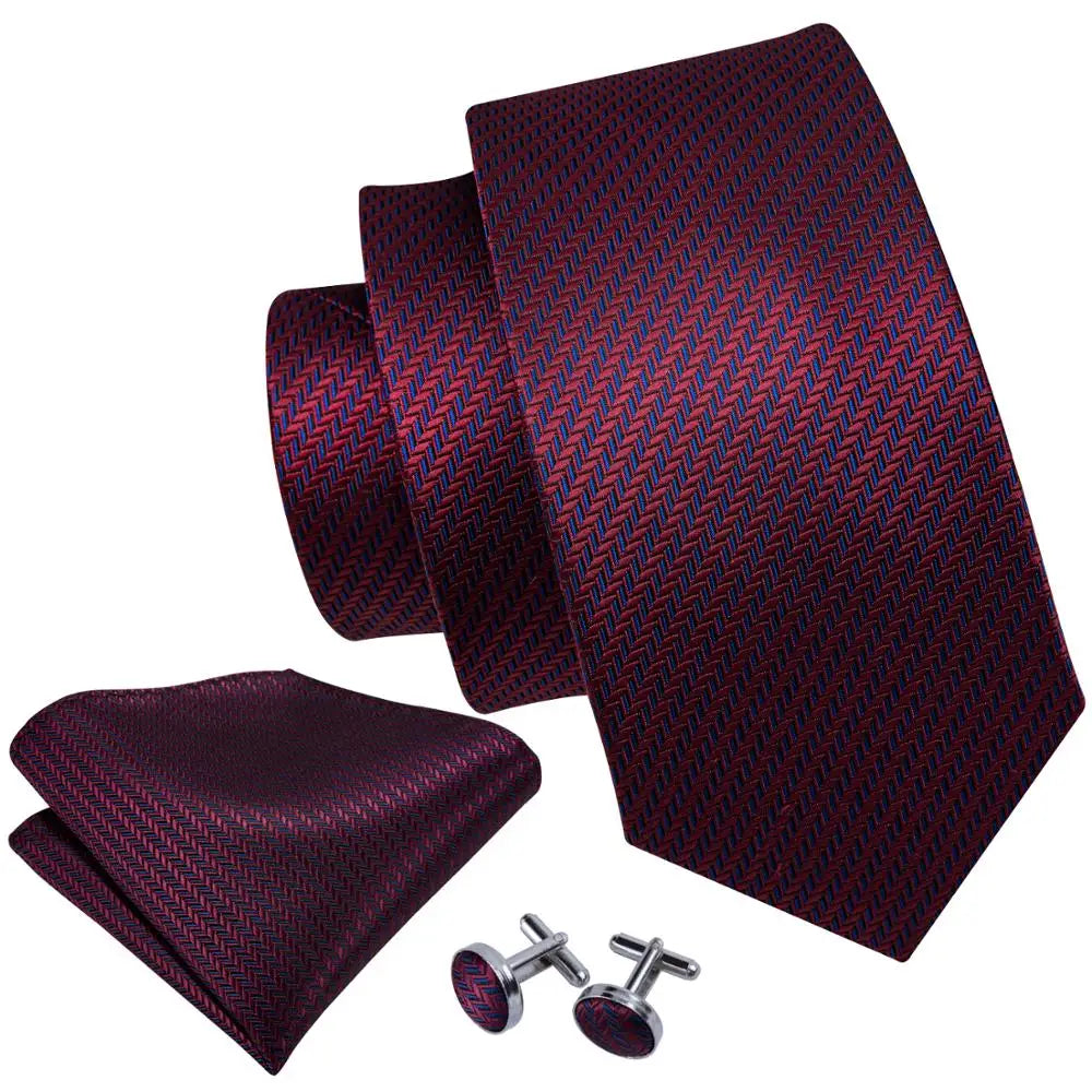 Cravate de mariage en soie rouge, tissée en jacquard, rayée, pour homme, ensemble cravate, mouchoir, boutons de manchette, Barry.Wang, créateur de mode FA-5028