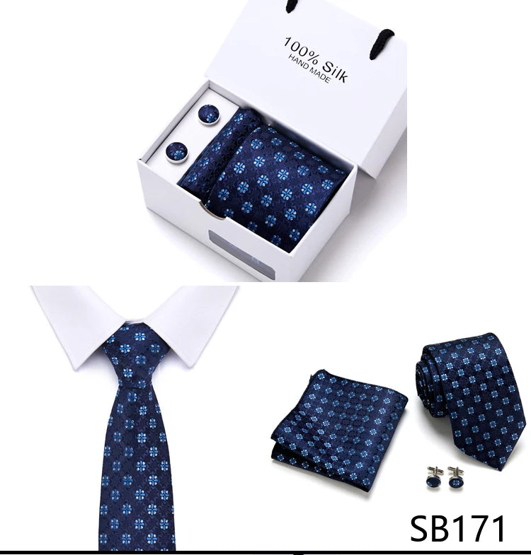 Brand 100% Silk Ties Gift box Office Men Classic Party Wedding striped 7.5cm Silk Wedding Floral Tie Necktie Handkerchief Set