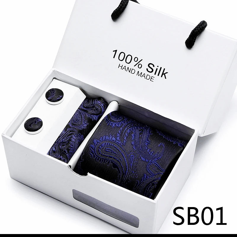 Brand 100% Silk Ties Gift box Office Men Classic Party Wedding striped 7.5cm Silk Wedding Floral Tie Necktie Handkerchief Set