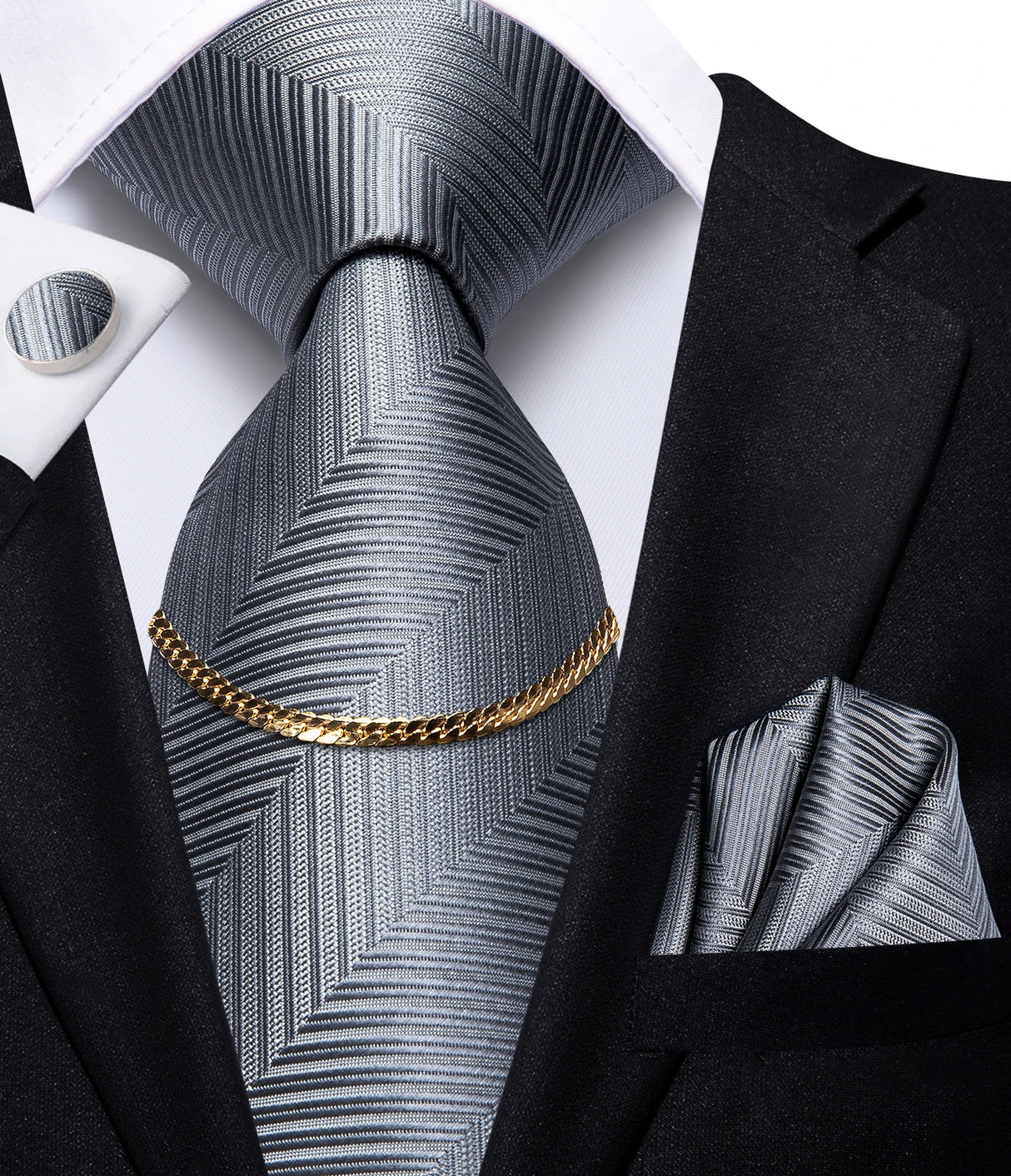 Hi-Tie Business Black Luxury Plaid Mens Tie Silk Neckties Fashion Tie Chain Hanky Cufflinks Set Design Gift For Men Wedding