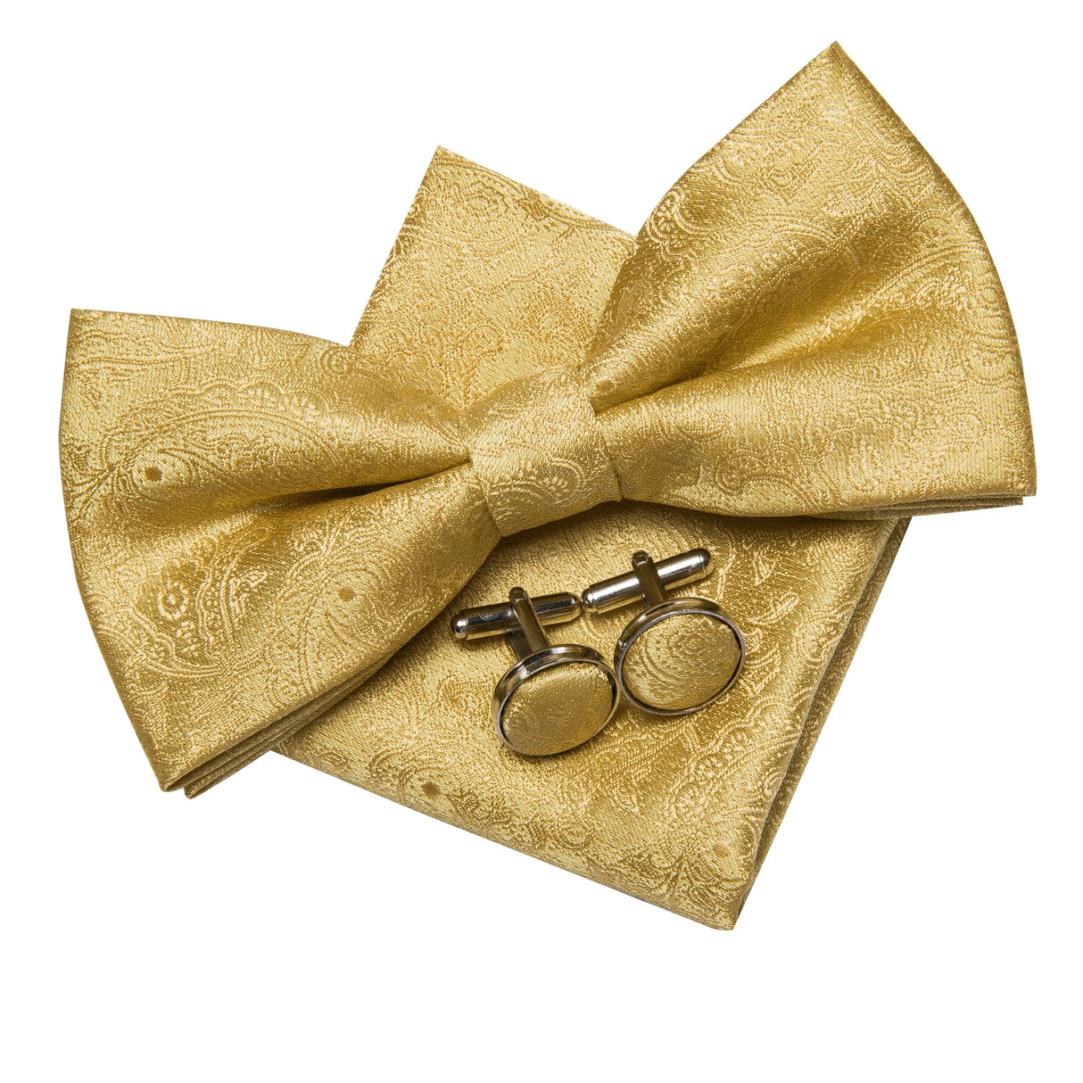 Hi-Tie Luxury Gold Silk Bow Ties for Men Fashion Men's Yellow Bowtie Handkerchief Cufflinks Brooch Set butterfly Wedding Set