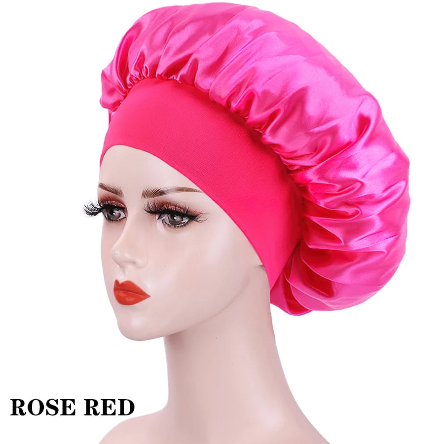 Bonnet de nuit en soie pour femme, noir, rose, violet, avec boucles naturelles bouclées, élastique large et souple, réglable