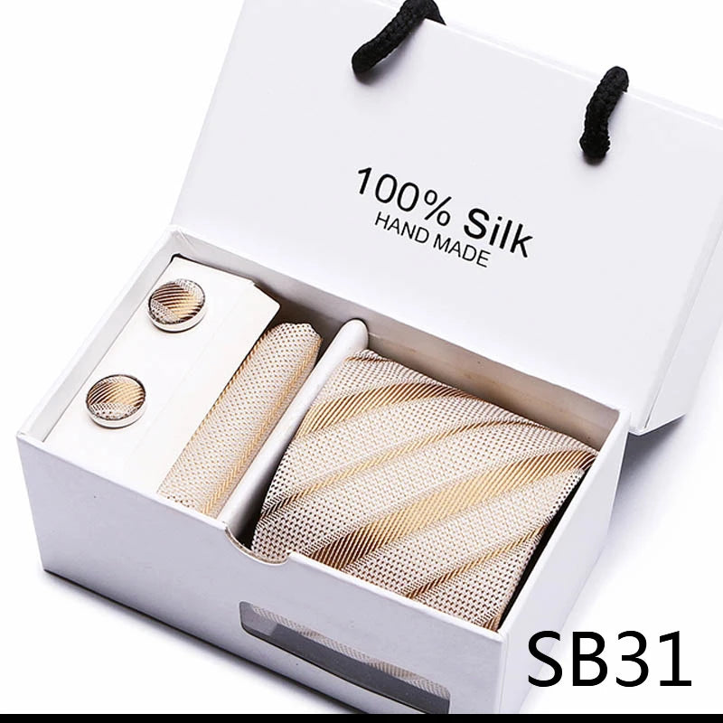 Brand 100% Silk Ties Gift box Office Men Classic Party Wedding striped 7.5cm Silk Wedding Floral Tie Necktie Handkerchief Set