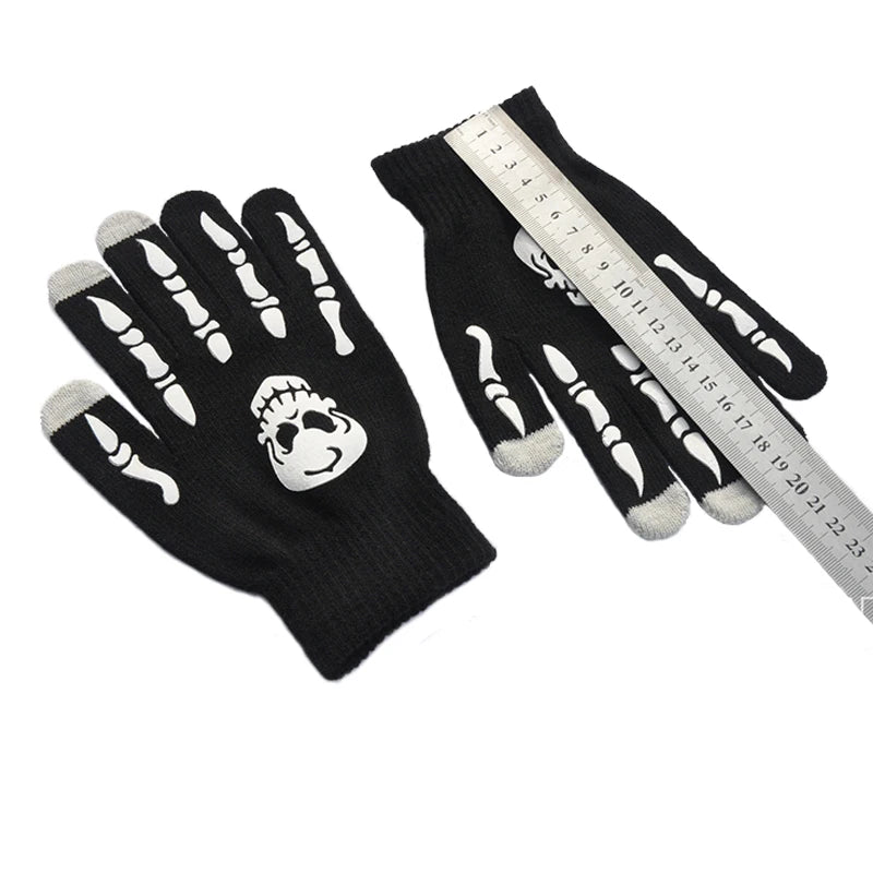 Gants unisexes demi-doigts motif tête de mort pour Halloween, pour l'hiver, mitaines lumineuses, tricotées, pour le cyclisme et le patinage à pied