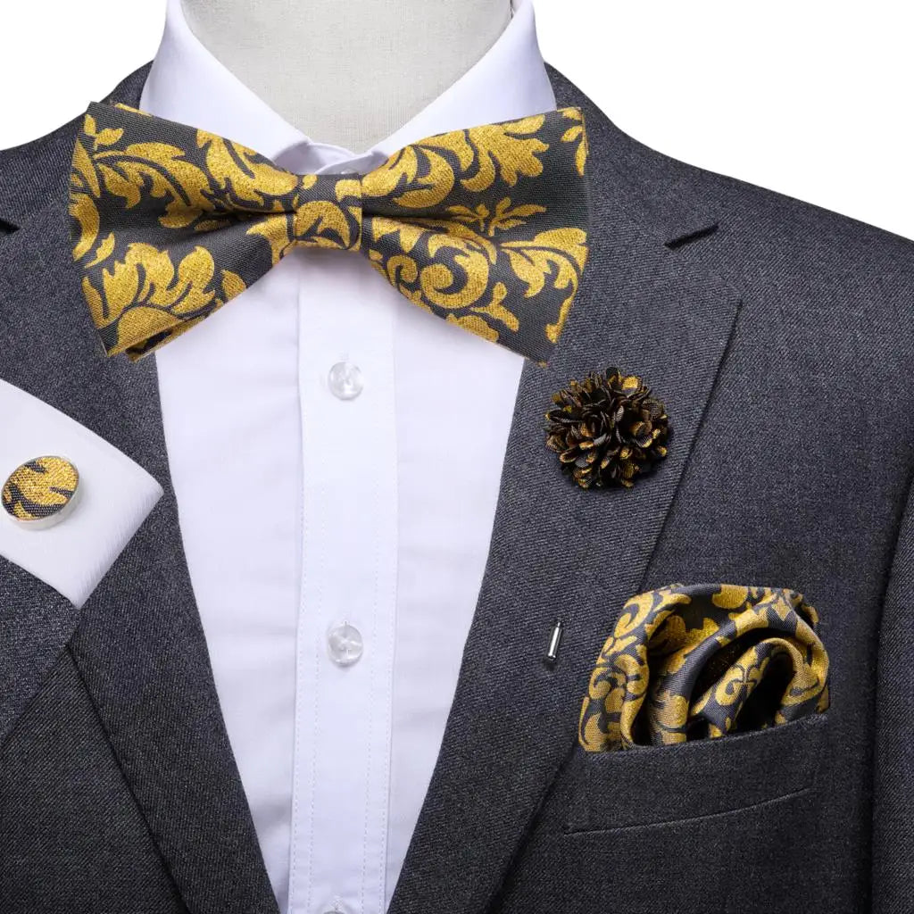 Hi-Tie Luxury Gold Silk Bow Ties for Men Fashion Men's Yellow Bowtie Handkerchief Cufflinks Brooch Set butterfly Wedding Set
