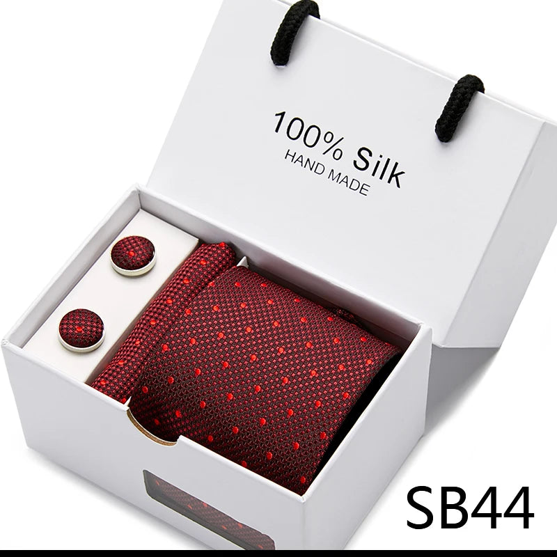 Brand 100% Silk Ties Gift box Office Men Classic Party Wedding striped 7.5cm Silk Wedding Floral Tie Necktie Handkerchief Set