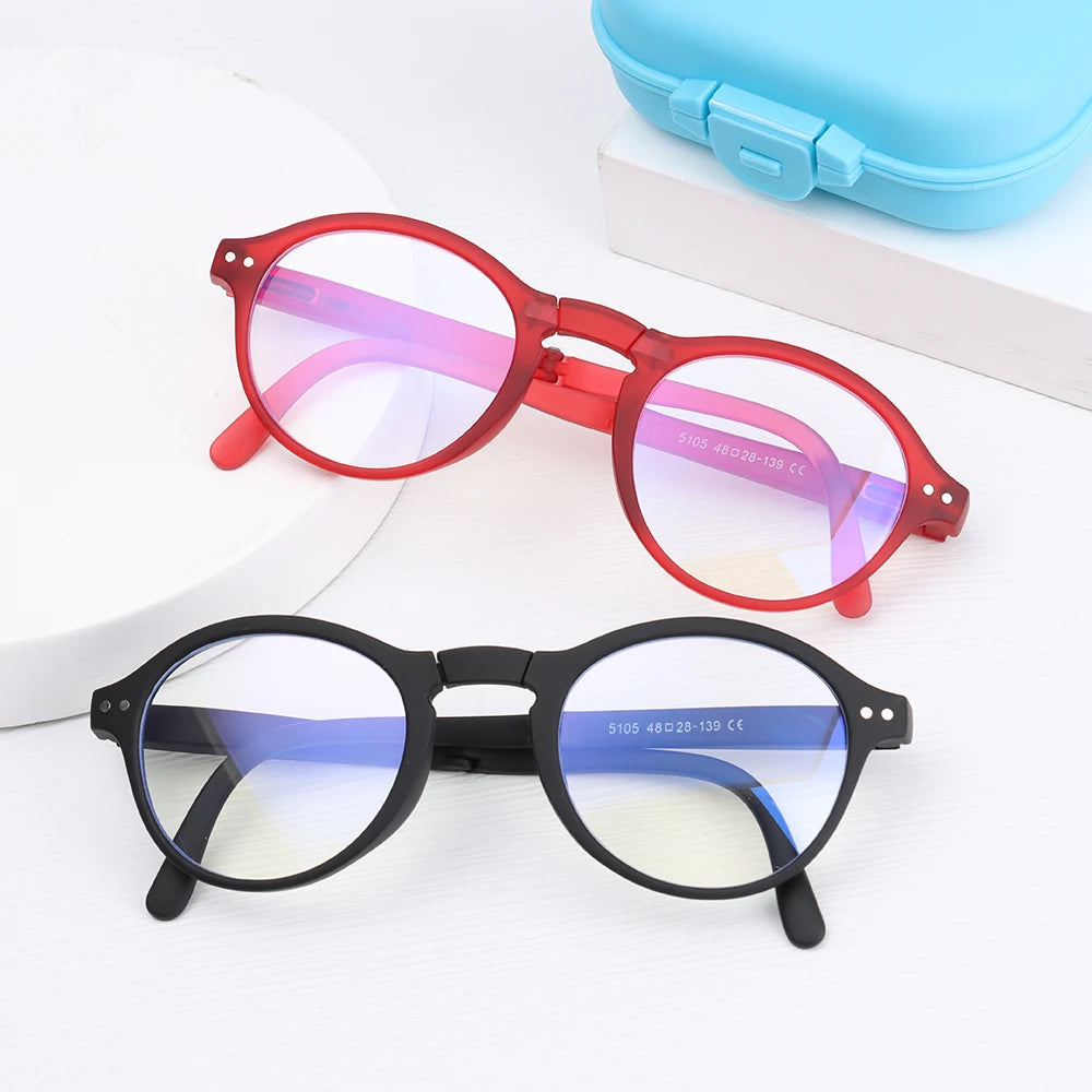 Fashion Design Blue Light Blocking Reading Glasses Men Women Folding Round Frame Presbyopic Eyeglasses with Case +1.0~4.0