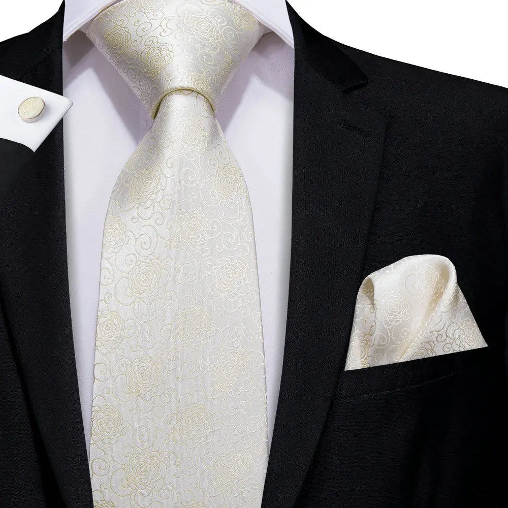Hi-Tie Cravate de mariage en soie à motif floral, couleur champagne ivoire massif, pour homme, de qualité, avec boutons de manchette, tendance, pour entreprise, livraison directe