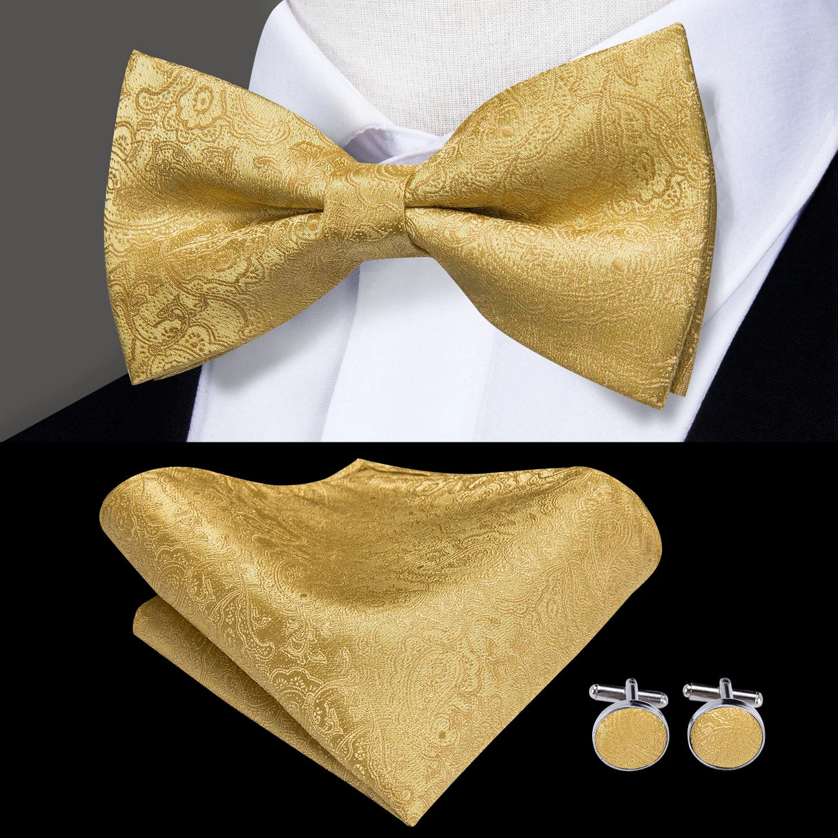 Hi-Tie Luxury Gold Silk Bow Ties for Men Fashion Men's Yellow Bowtie Handkerchief Cufflinks Brooch Set butterfly Wedding Set