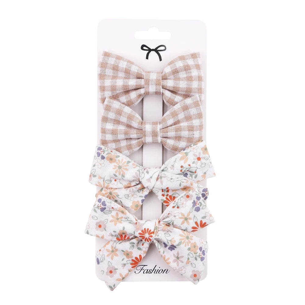 4Pcs/set Leopard Dot Print Bowknot Hair Bow Clips Baby Girls Lace Cotton Linen Barrettes Safety Hairpins Headwear Accessories