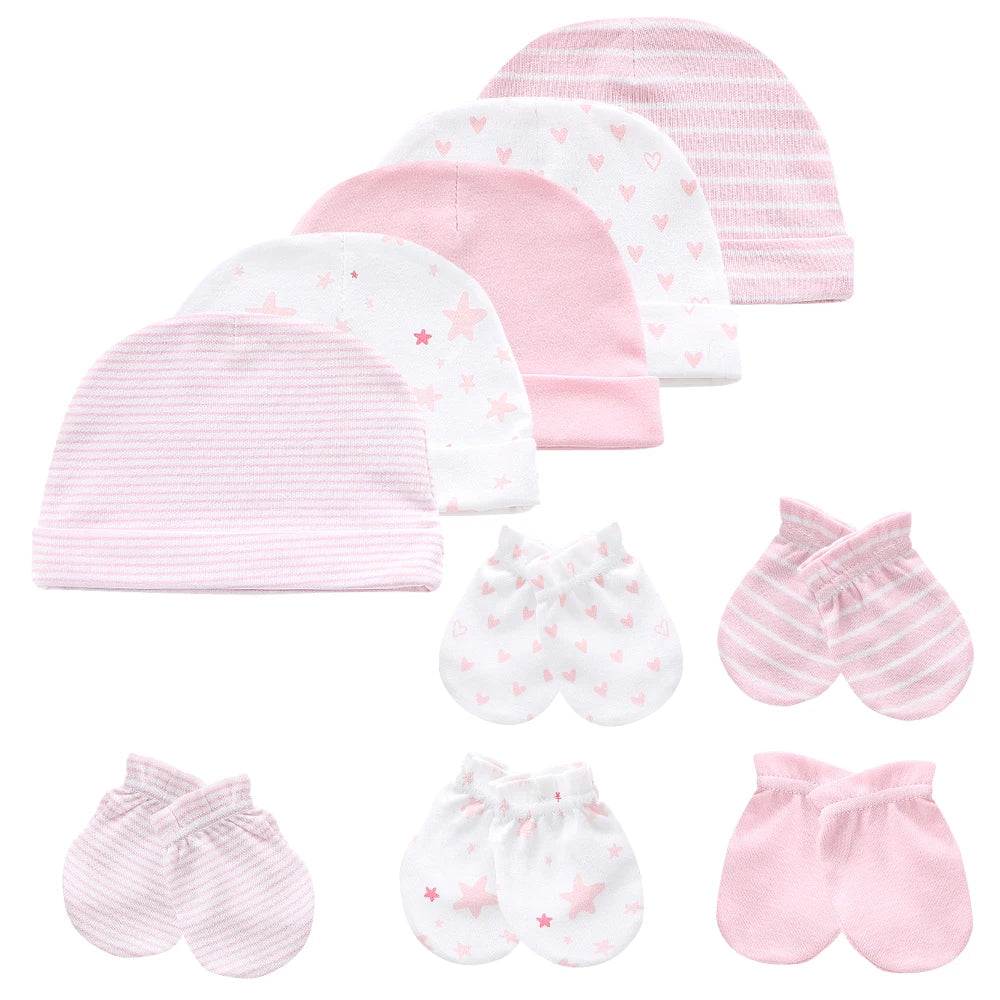 Newborn Boy Girl Hats and Mittens Sets Comfy Infant Baby 5Pcs Caps & 5Pcs Gloves Cotton Toddler Baby Accessorise