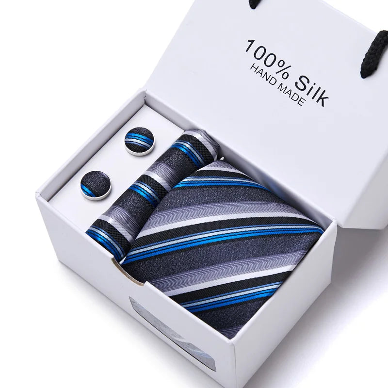 Brand 100% Silk Ties Gift box Office Men Classic Party Wedding striped 7.5cm Silk Wedding Floral Tie Necktie Handkerchief Set