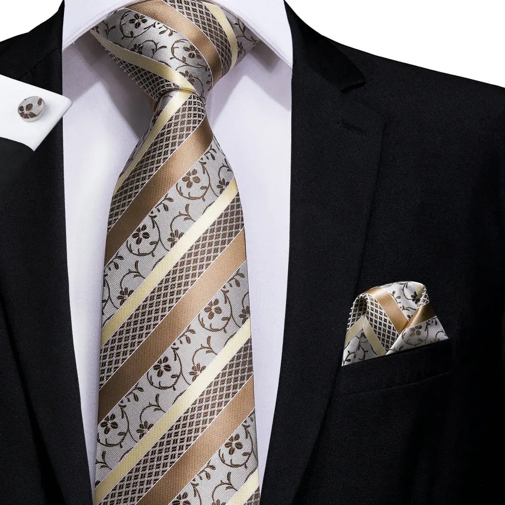 Hi-Tie Cravate de mariage en soie à motif floral, couleur champagne ivoire massif, pour homme, de qualité, avec boutons de manchette, tendance, pour entreprise, livraison directe