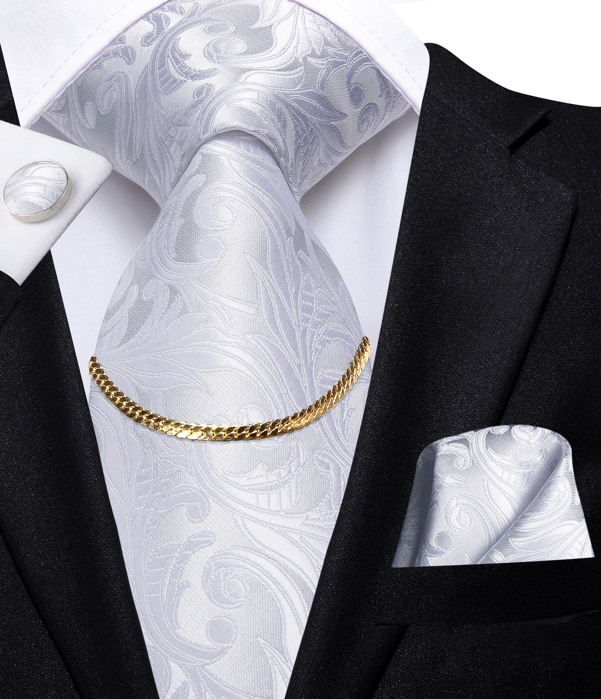 Hi-Tie Business Black Luxury Plaid Mens Tie Silk Neckties Fashion Tie Chain Hanky Cufflinks Set Design Gift For Men Wedding